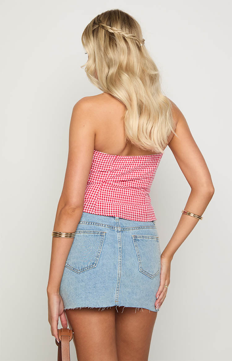 Paisley Red Gingham Strapless Top